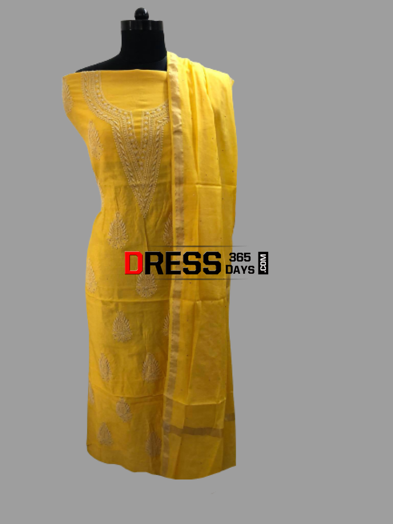 Yellow Chanderi Kamdani Suit Chikankari Suits