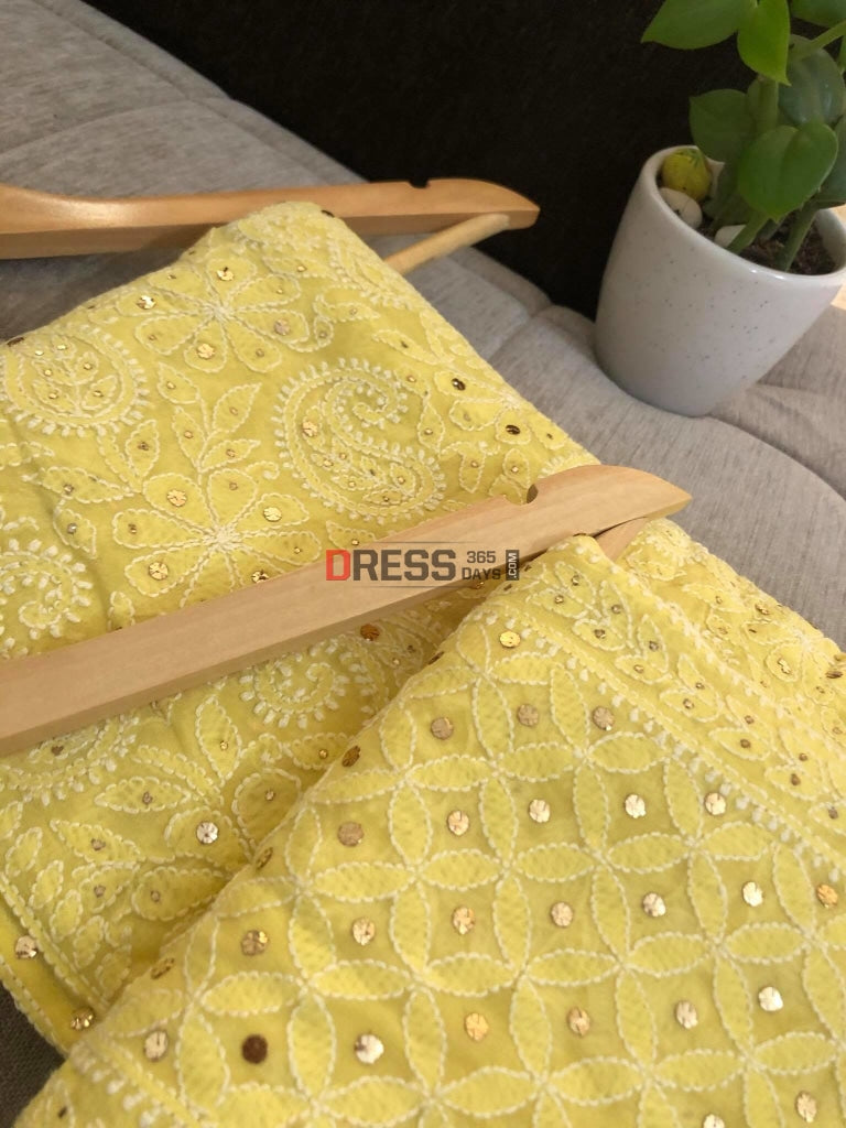 Yellow Chikankari And Kamdani Lehenga Set