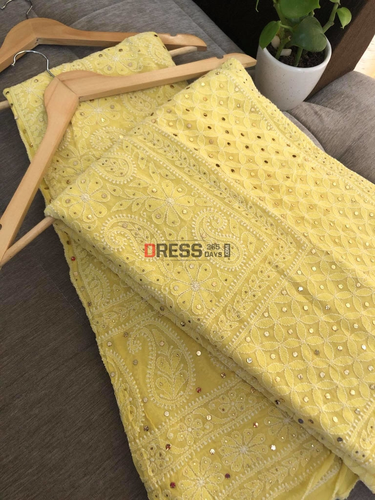 Yellow Chikankari And Kamdani Lehenga Set