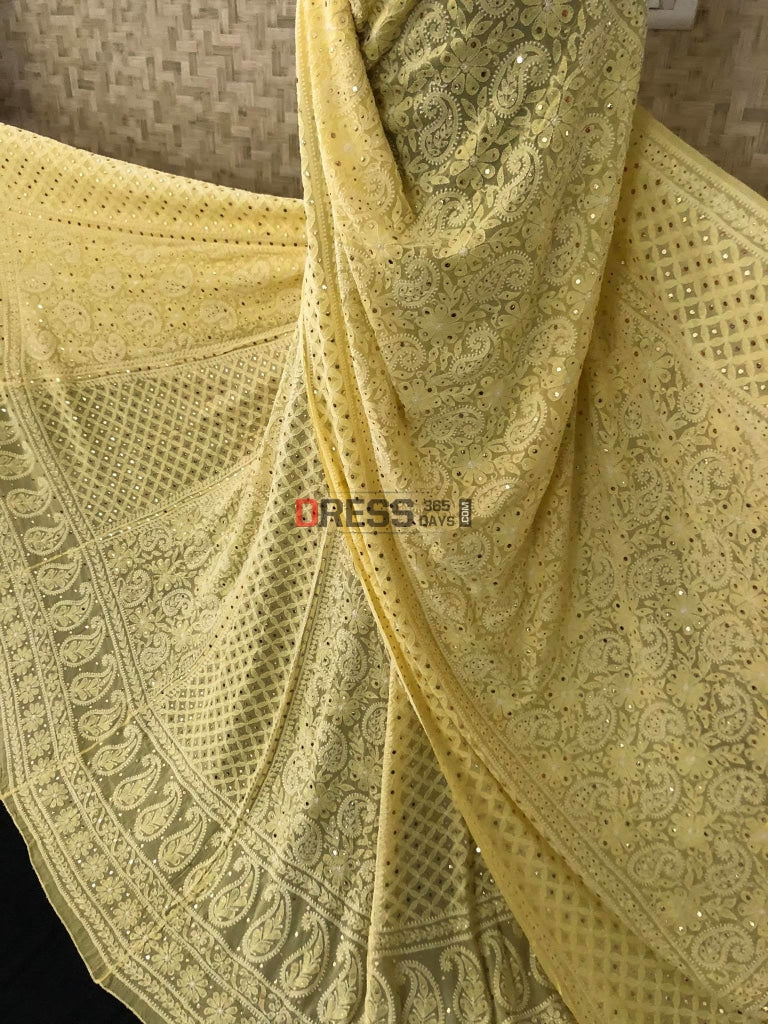 Yellow Chikankari And Kamdani Lehenga Set