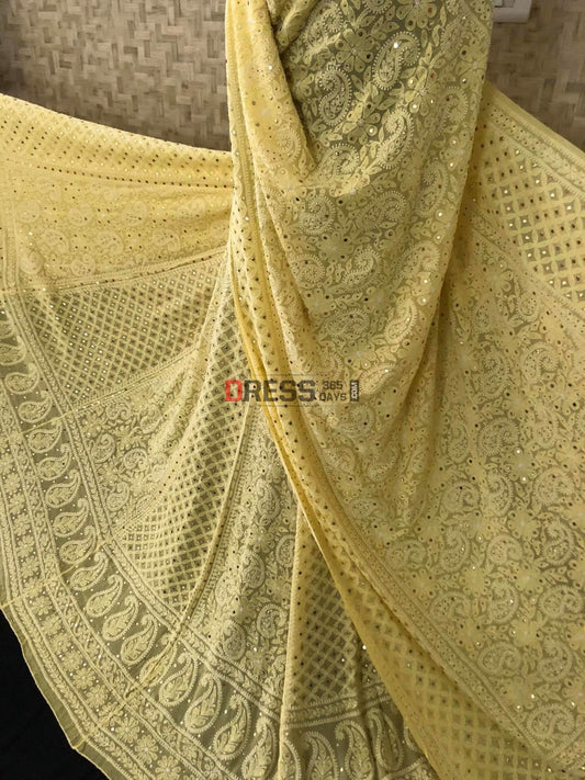 Yellow Chikankari And Kamdani Lehenga Set