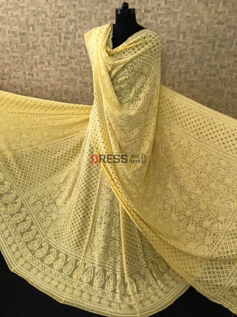 Yellow Chikankari And Kamdani Lehenga Set
