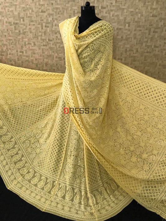 Yellow Chikankari And Kamdani Lehenga Set