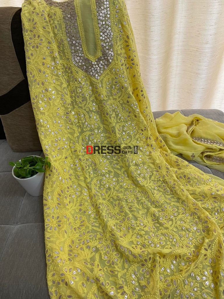 Yellow Chikankari Gota Patti Neckline Kurta Dupatta Set Suits