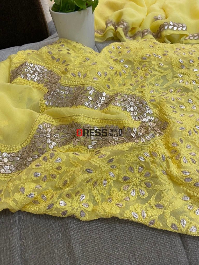 Yellow Chikankari Gota Patti Neckline Kurta Dupatta Set Suits