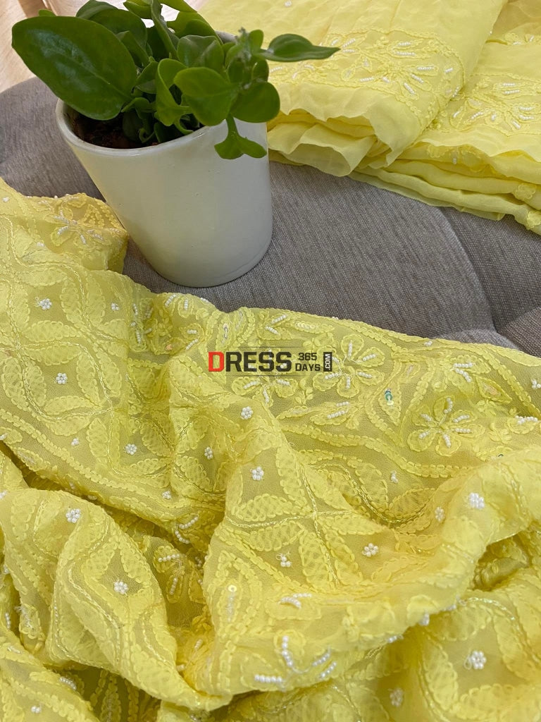 Yellow Chikankari Pearl Kurta Dupatta Set Suits