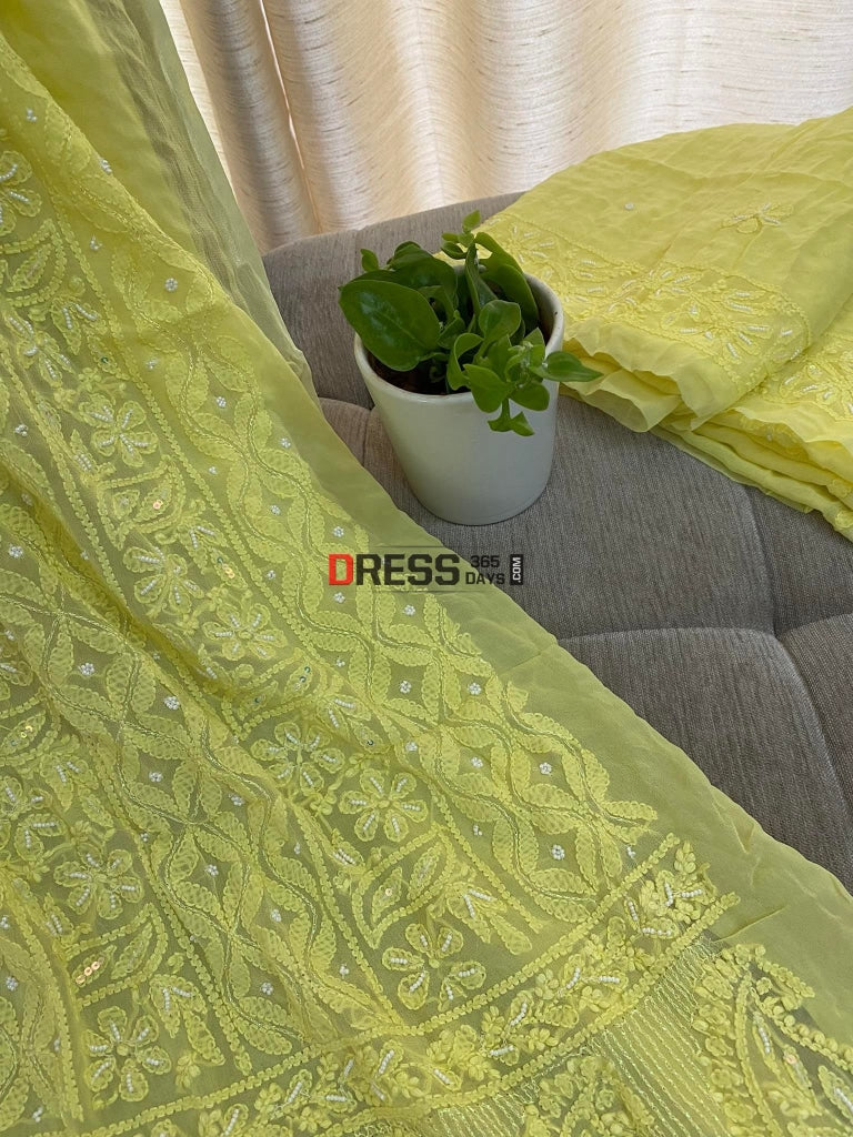 Yellow Chikankari Pearl Kurta Dupatta Set Suits