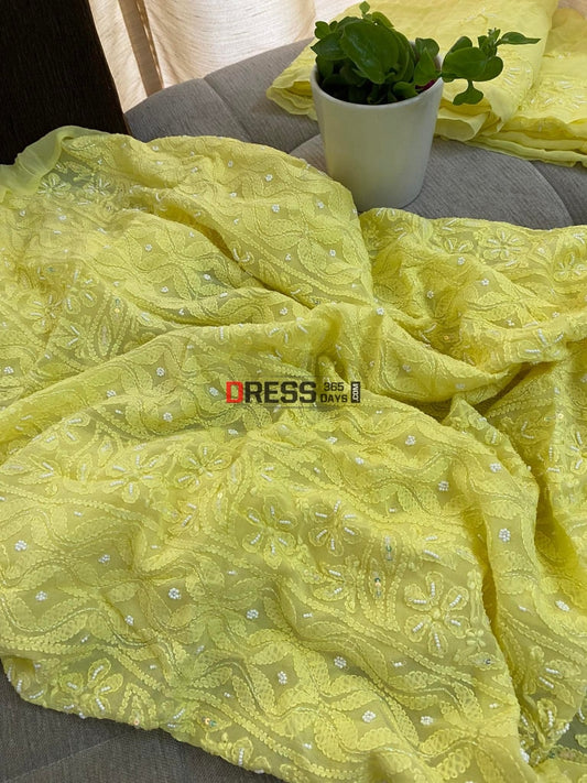 Yellow Chikankari Pearl Kurta Dupatta Set Suits