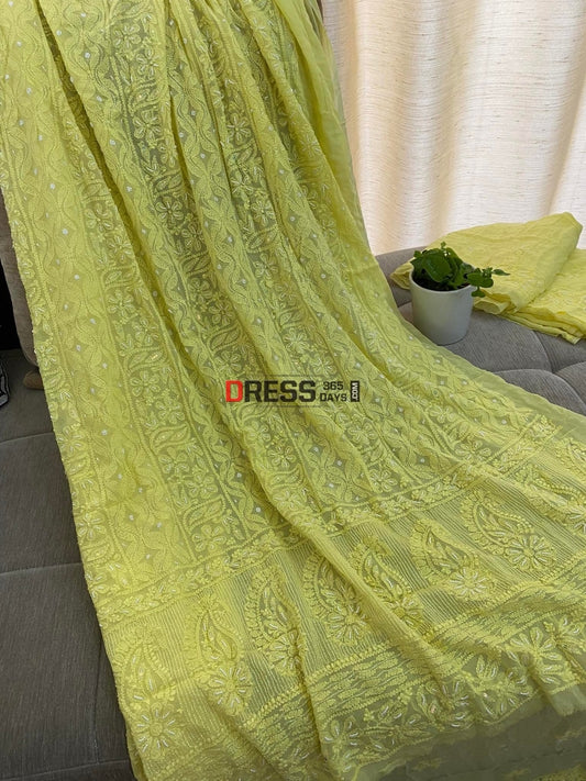 Yellow Chikankari Pearl Kurta Dupatta Set Suits