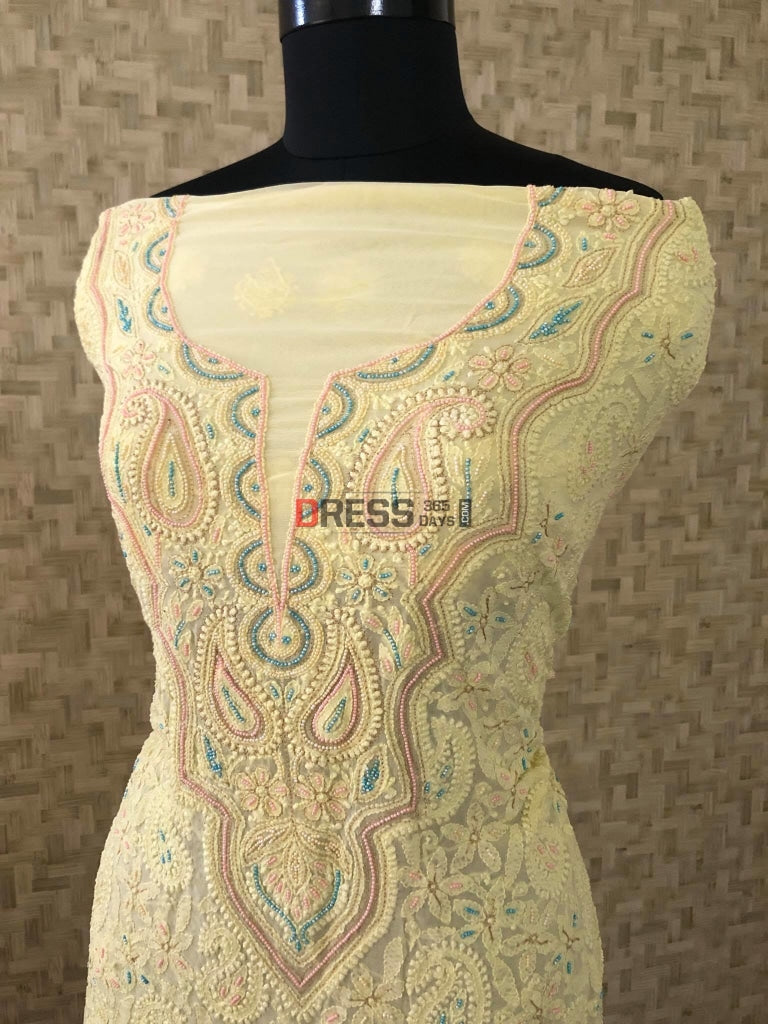 Yellow Chikankari Pearl Kurti Fabric