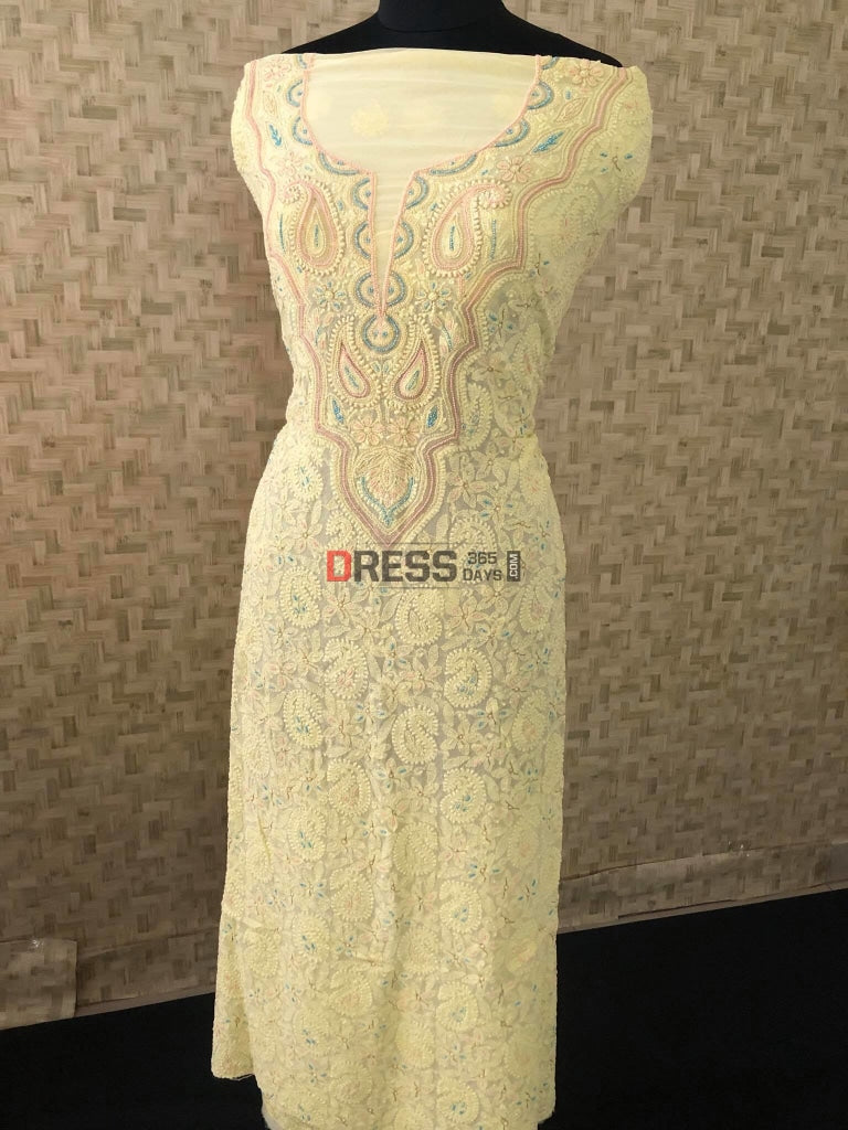 Yellow Chikankari Pearl Kurti Fabric