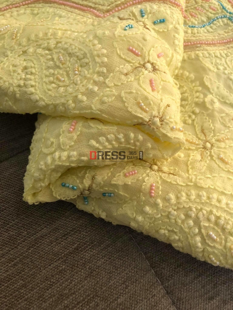 Yellow Chikankari Pearl Kurti Fabric