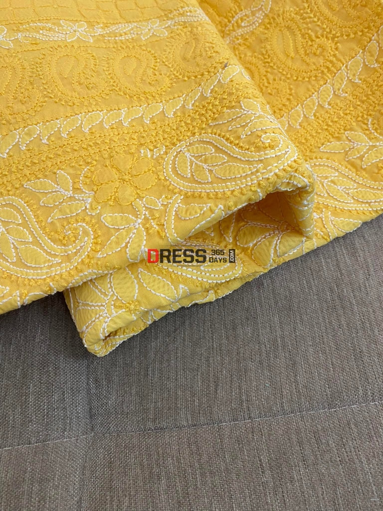 Yellow Cotton Chikankari Kurti Fabric (Kurti Only) Fabric