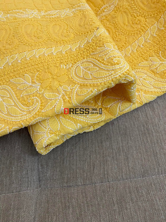 Yellow Cotton Chikankari Kurti Fabric (Kurti Only) Fabric