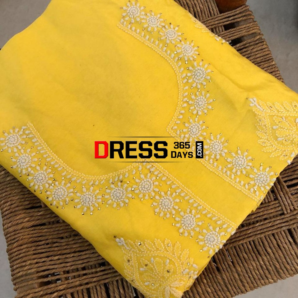Yellow Fine Chanderi Chikankari Mukaish Work Suit (Kurta And Dupatta) Suits