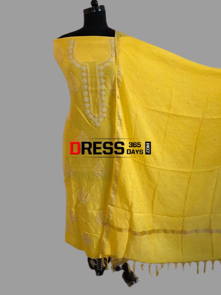 Yellow Fine Chanderi Chikankari Mukaish Work Suit (Kurta and Dupatta)
