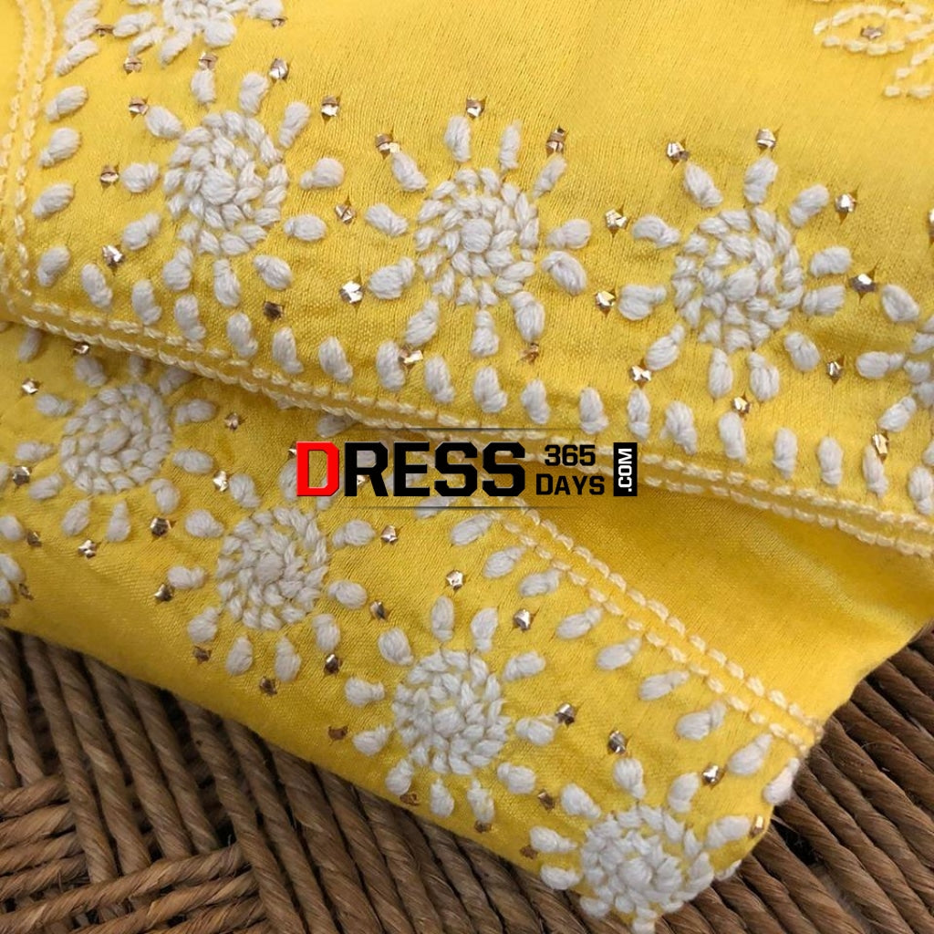 Yellow Fine Chanderi Chikankari Mukaish Work Suit (Kurta And Dupatta) Suits