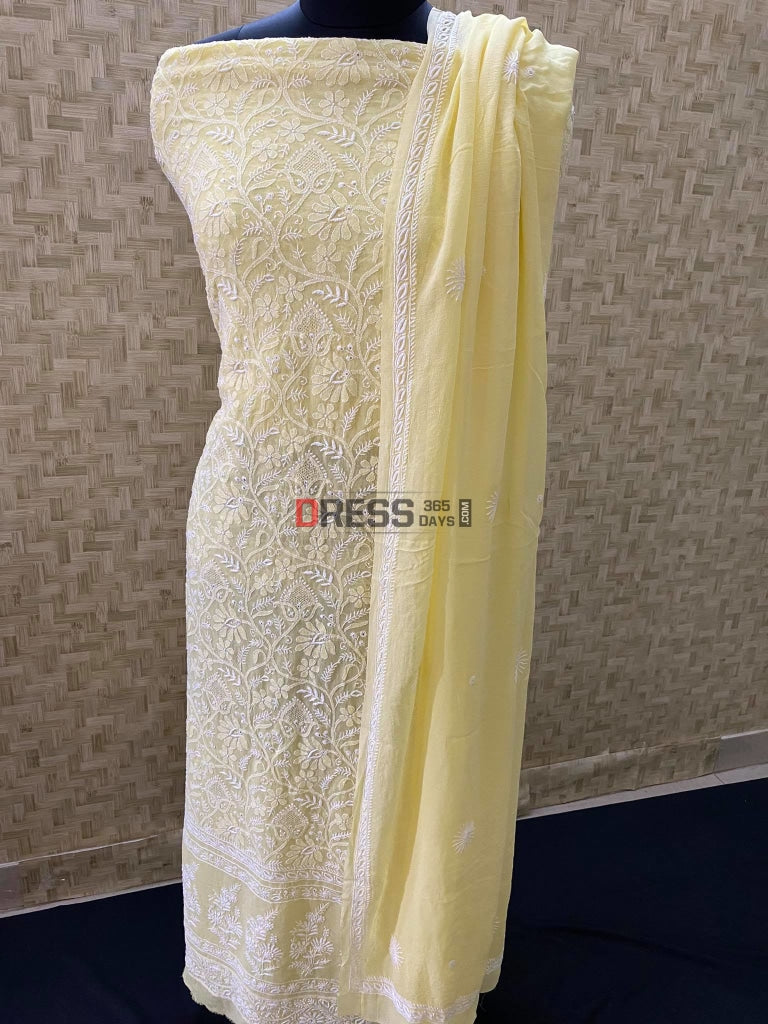 Yellow Fine Chikankari Jaali Front Back Embroidered Suit Suits