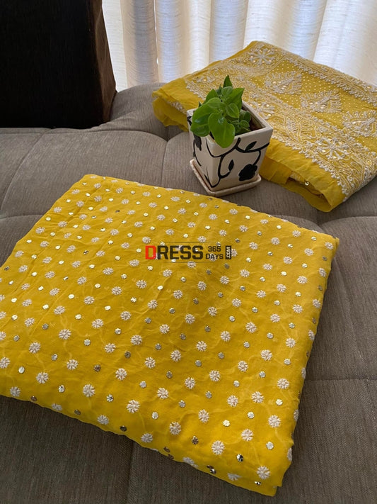 Yellow Front And Back Chikankari Suit With Embroidered Dupatta Suits