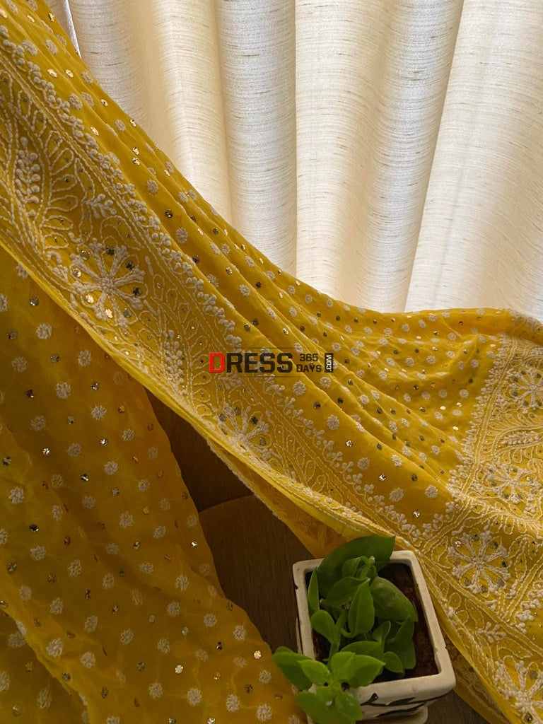 Yellow Front And Back Chikankari Suit With Embroidered Dupatta Suits