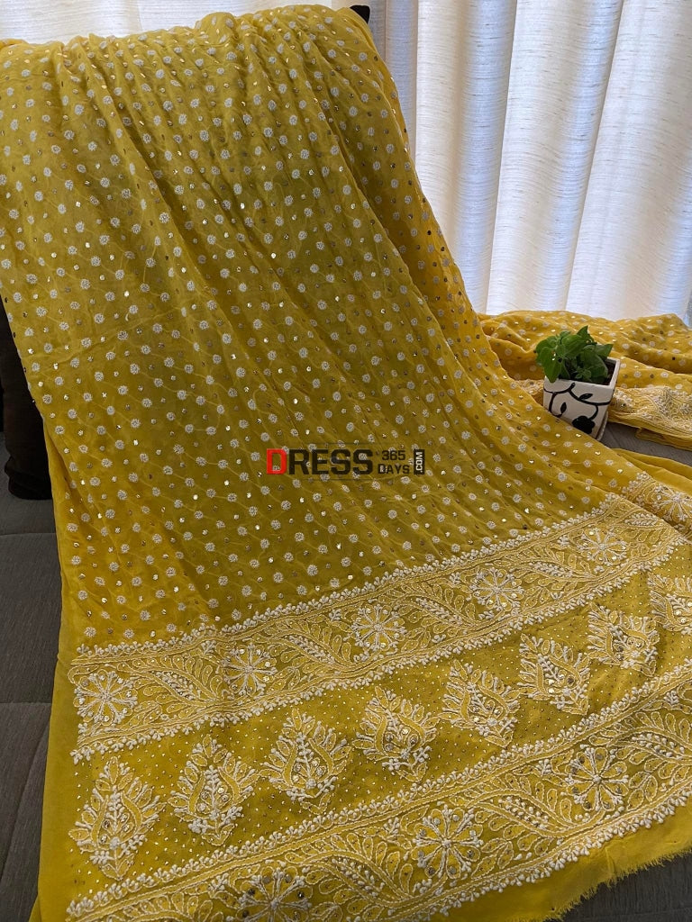 Yellow Front And Back Chikankari Suit With Embroidered Dupatta Suits