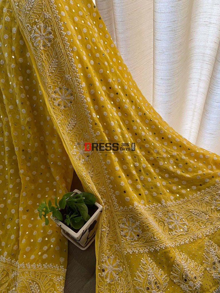 Yellow Front And Back Chikankari Suit With Embroidered Dupatta Suits