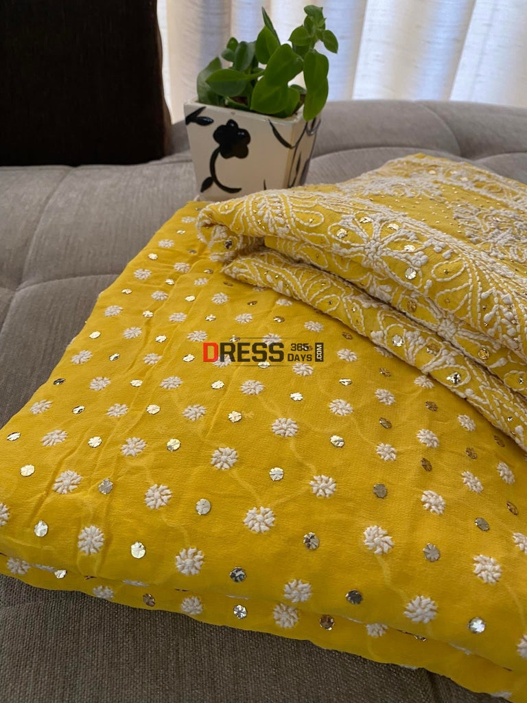 Yellow Front And Back Chikankari Suit With Embroidered Dupatta Suits