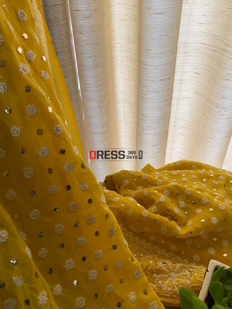 Yellow Front And Back Chikankari Suit With Embroidered Dupatta Suits