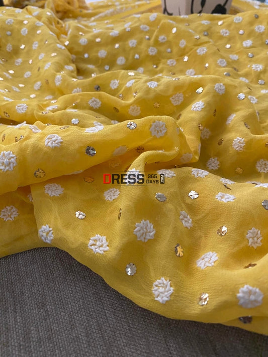 Yellow Front And Back Chikankari Suit With Embroidered Dupatta Suits