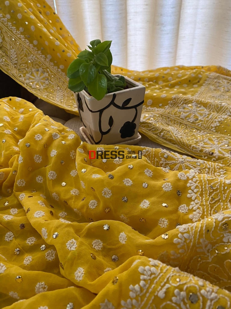 Yellow Front And Back Chikankari Suit With Embroidered Dupatta Suits