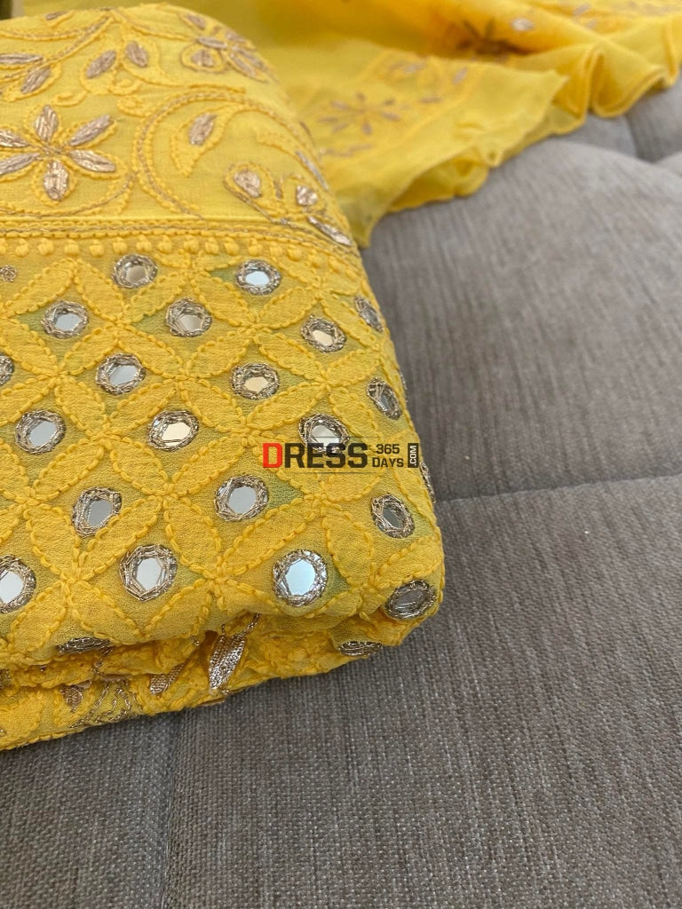 Yellow Gota Patti & Mirror Work Lucknowi Anarkali Chikankari