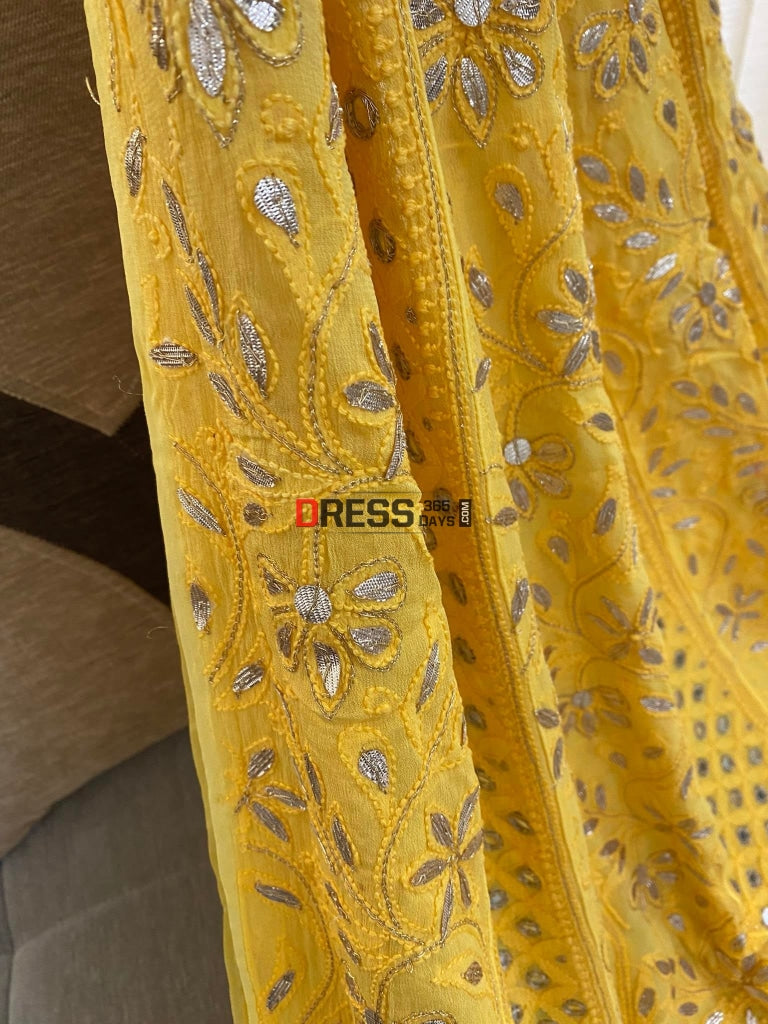 Yellow Gota Patti & Mirror Work Lucknowi Anarkali Chikankari