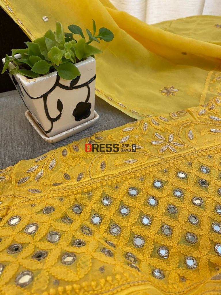 Yellow Gota Patti & Mirror Work Lucknowi Anarkali Chikankari