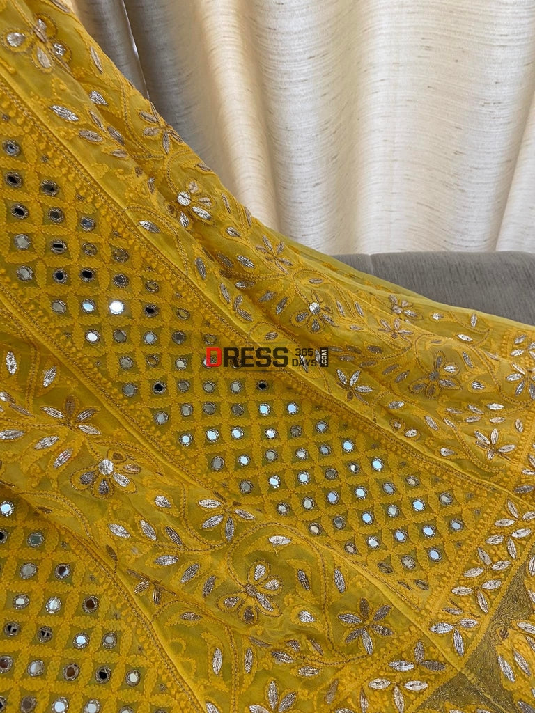 Yellow Gota Patti & Mirror Work Lucknowi Anarkali Chikankari