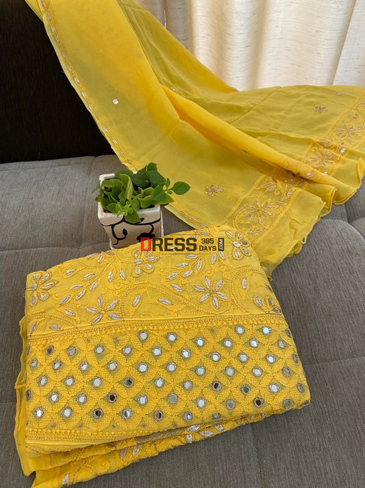 Yellow Gota Patti & Mirror Work Lucknowi Anarkali Chikankari