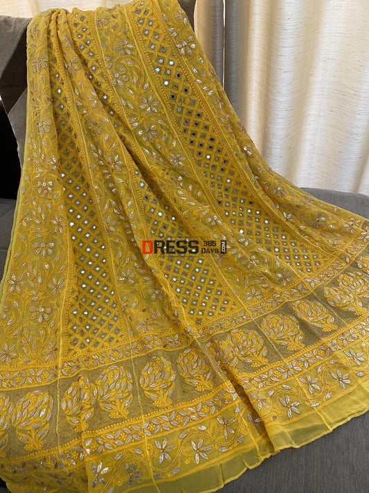 Yellow Gota Patti & Mirror Work Lucknowi Anarkali Chikankari