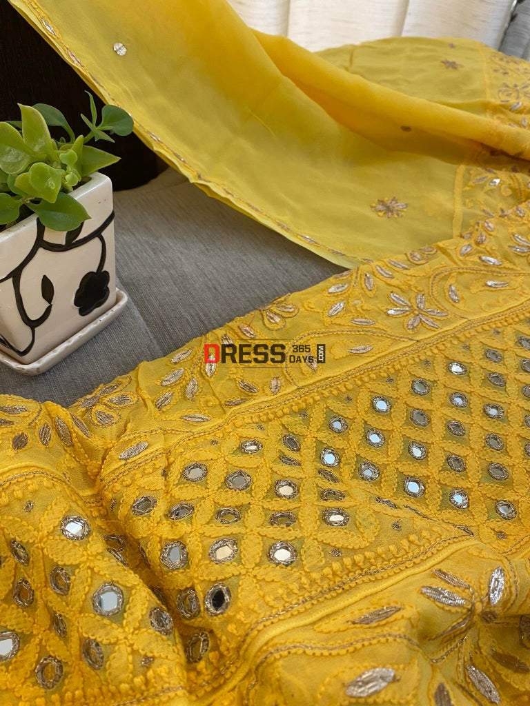 Yellow Gota Patti & Mirror Work Lucknowi Anarkali Chikankari