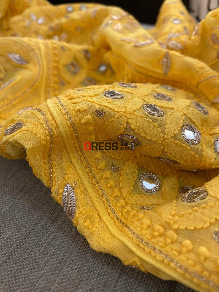 Yellow Gota Patti & Mirror Work Lucknowi Anarkali Chikankari