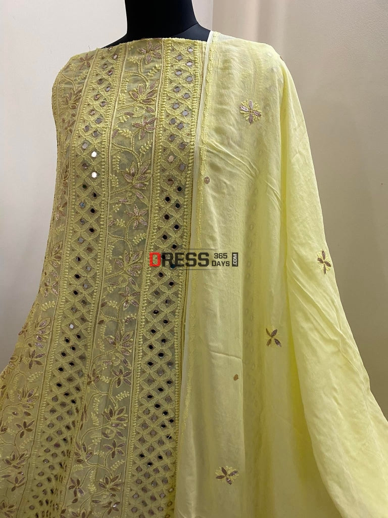 Yellow Gota Patti & Mirror Work Lucknowi Anarkali Suit Chikankari