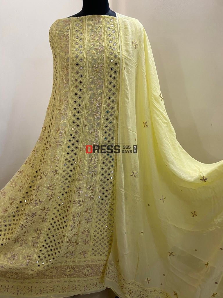 Yellow Gota Patti & Mirror Work Lucknowi Anarkali Suit Chikankari