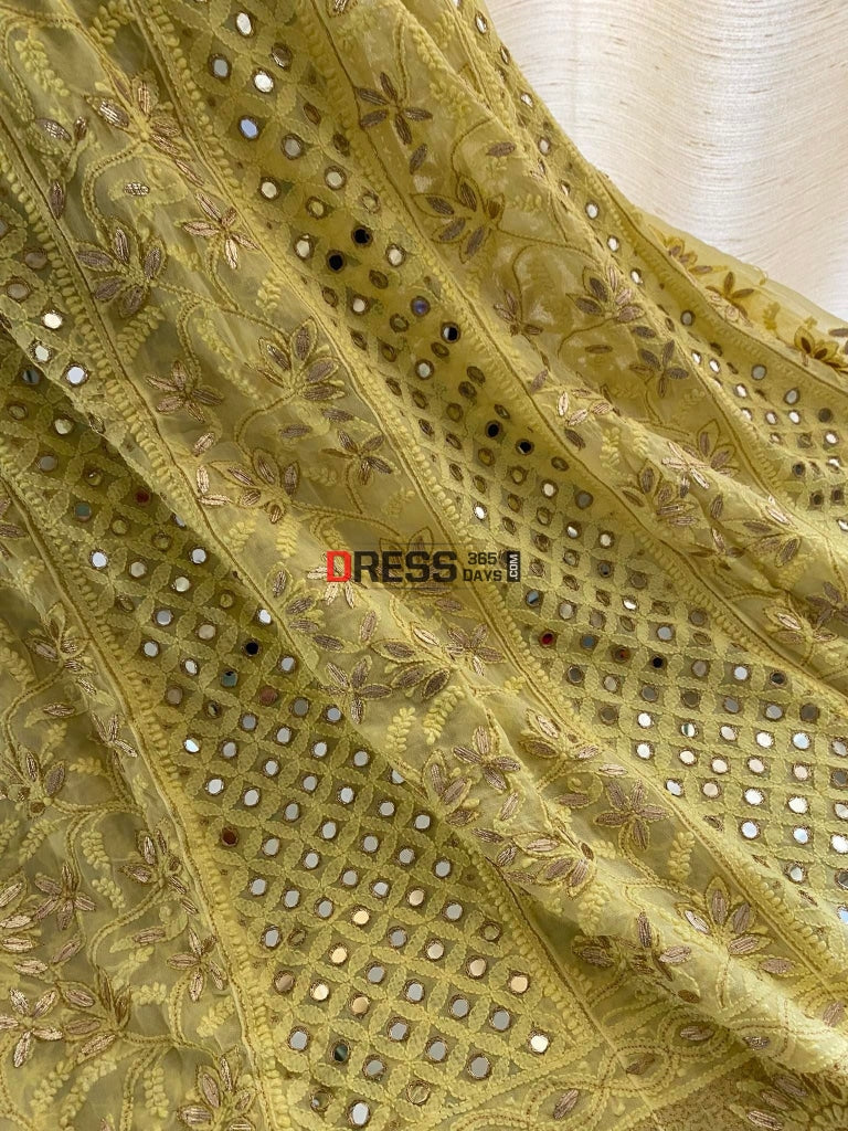 Yellow Gota Patti & Mirror Work Lucknowi Anarkali Suit Chikankari