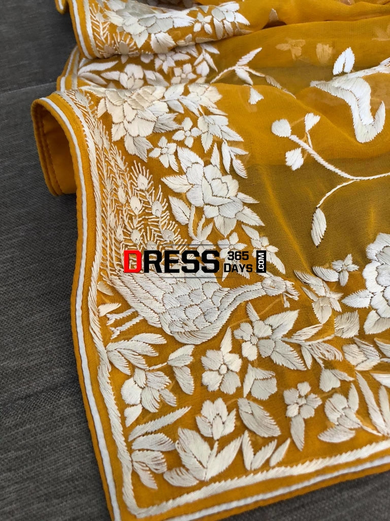 Yellow & Ivory Hand Embroidered Parsi Gara Dupatta