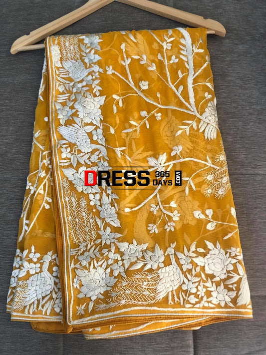 Yellow & Ivory Hand Embroidered Parsi Gara Dupatta