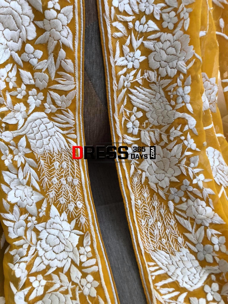 Yellow & Ivory Hand Embroidered Parsi Gara Dupatta