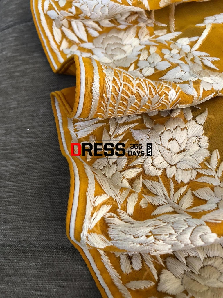 Yellow & Ivory Hand Embroidered Parsi Gara Dupatta