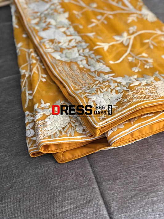 Yellow & Ivory Hand Embroidered Parsi Gara Dupatta