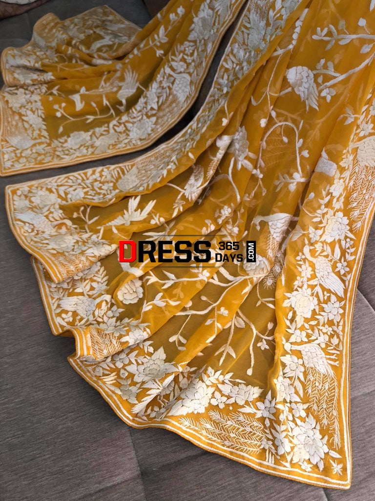 Yellow & Ivory Hand Embroidered Parsi Gara Dupatta