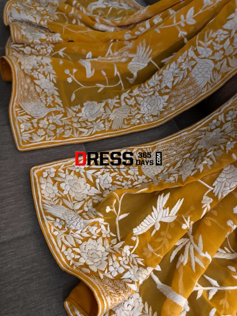 Yellow & Ivory Hand Embroidered Parsi Gara Dupatta