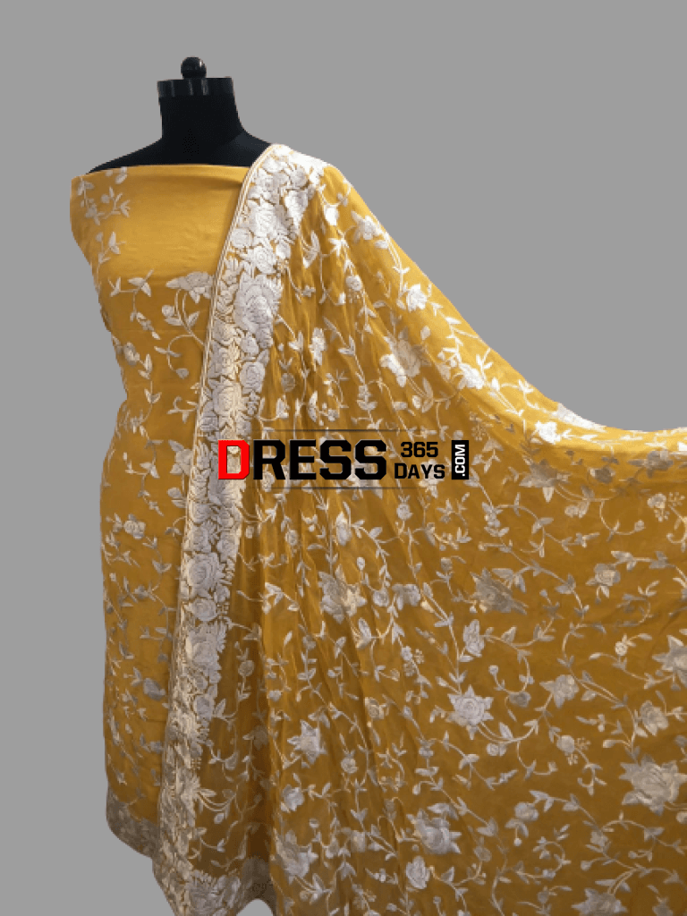 Yellow & Ivory Hand Embroidered Parsi Gara Suit (Three Piece) Suits
