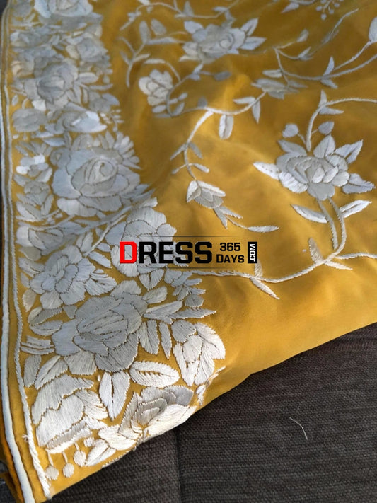 Yellow & Ivory Hand Embroidered Parsi Gara Suit (Three Piece) Suits